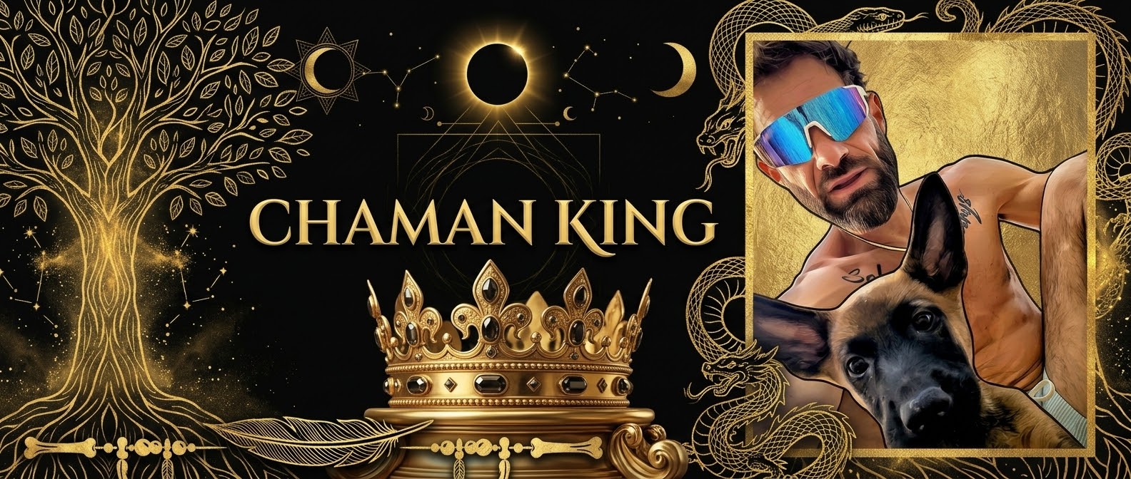 Bannière Chaman King : arbre de vie doré, couronne et symboles chamaniques