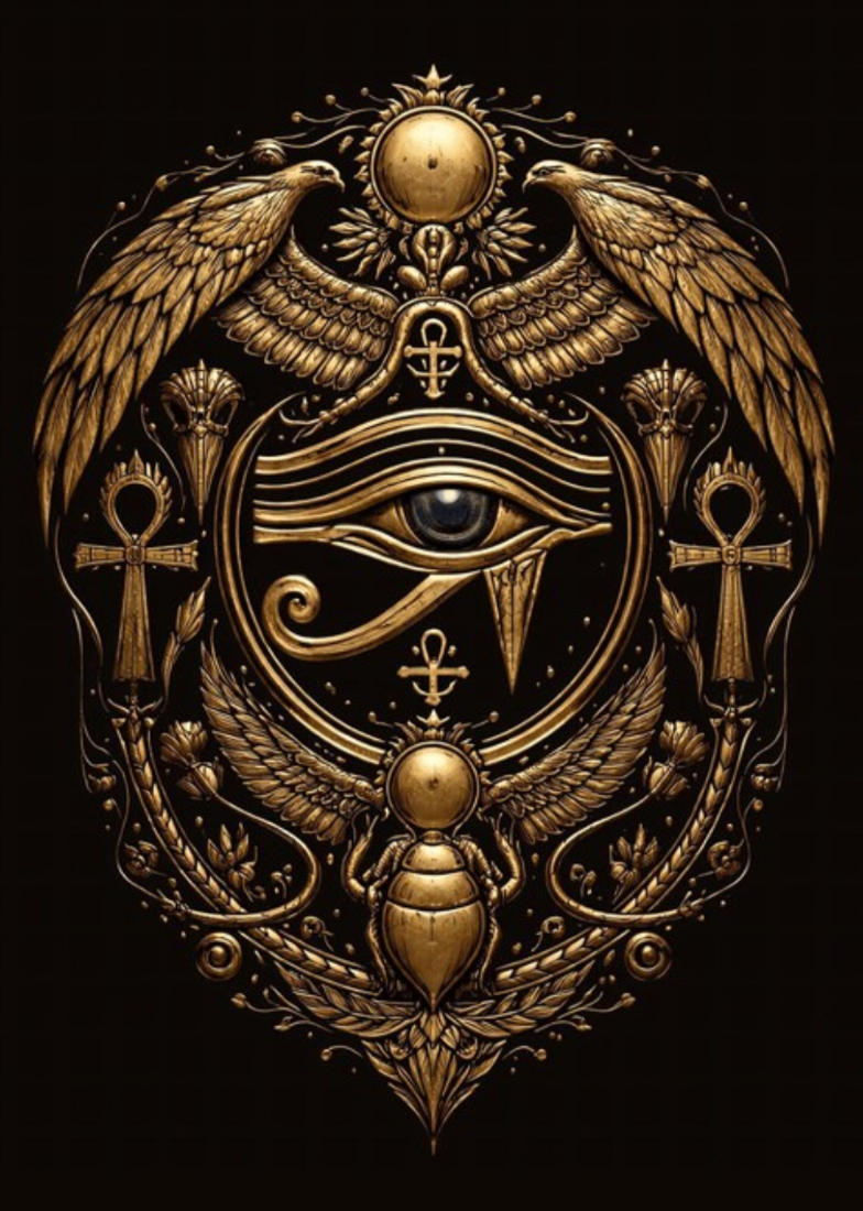 Blason Salvator Solarys : œil d'Horus doré, ailes et scarabée