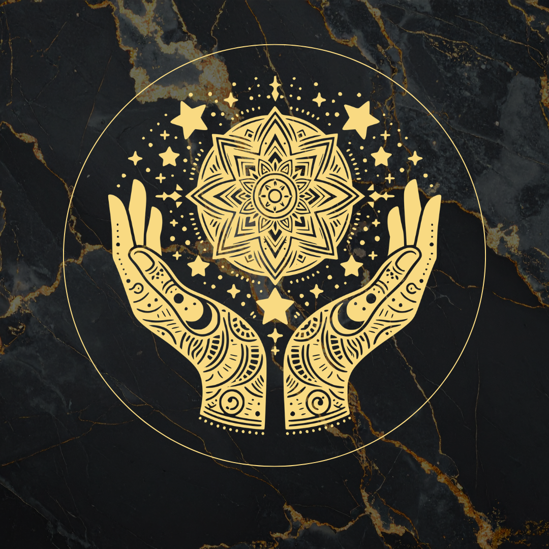 Logo Salvator Solarys : mains dorées et mandala sur marbre noir