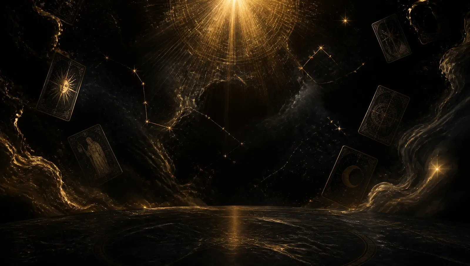 Fond mystique noir et or avec cartes de tarot et constellations